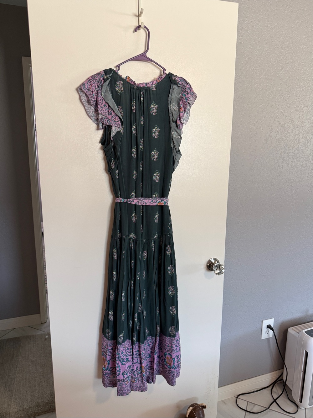 Sundance Dark Green Maxi Dress with Lavender Floral Trim